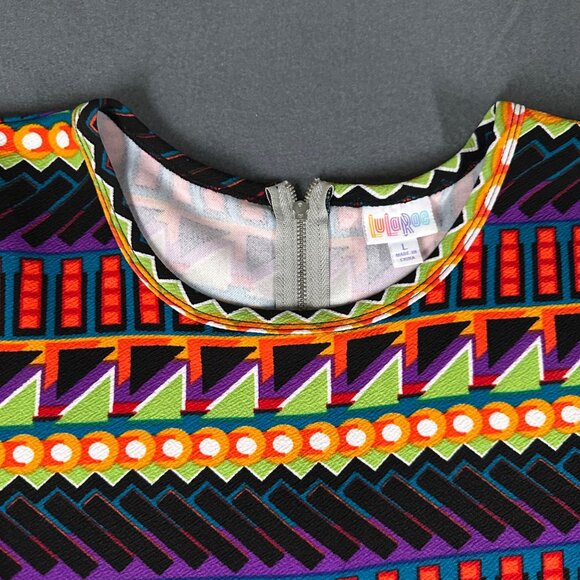 Lularoe Womens L Amelia SS Scoop Neck Back Zip Pleated Teal Geometric Dress - Picture 4 of 11